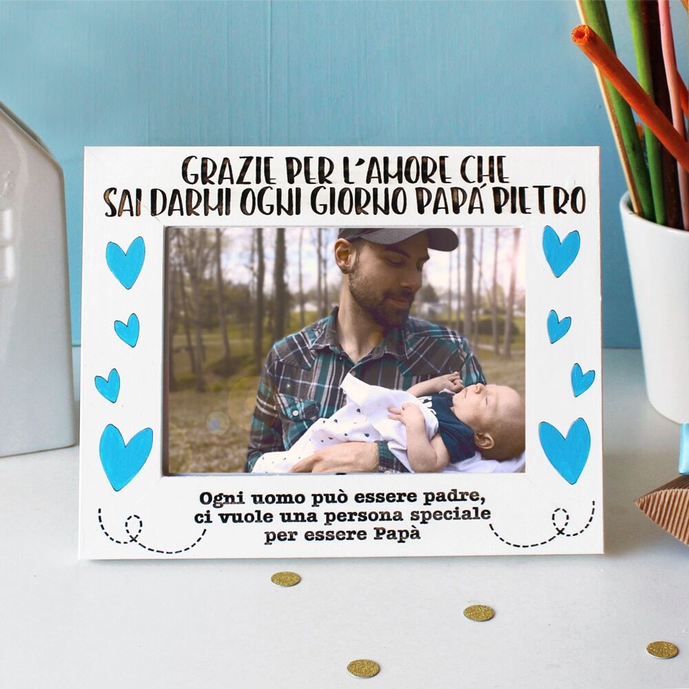Cornice in Legno Personalizzata con Dedica e Cuori Blu - Idea Regalo Festa Papà