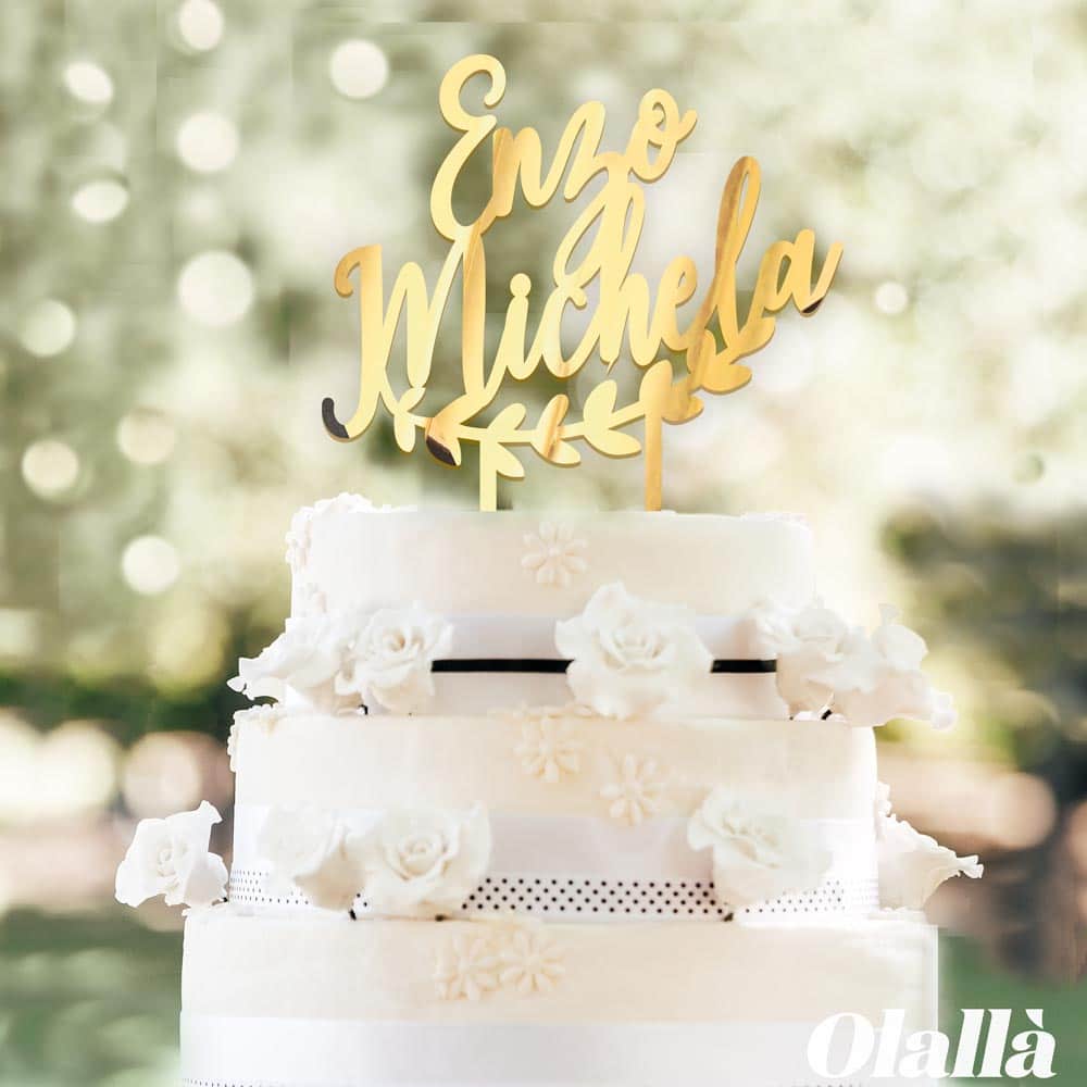 Cake Topper Laser Scritta Nomi Ghirlanda Oro