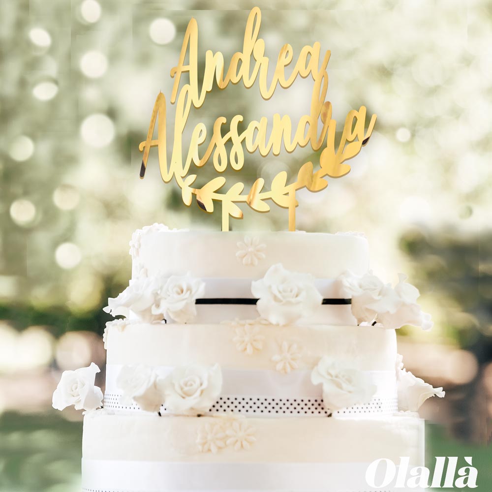 Cake Topper Laser Scritta Nomi Ghirlanda Oro3