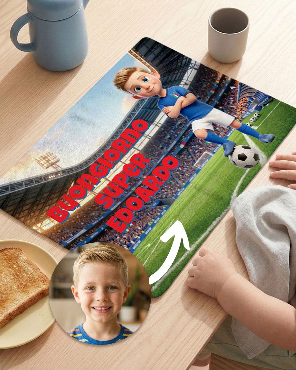Tovaglietta Personalizzata Calciatore con Foto Cartone Animato 3D del Tuo Bambino – Idea Regalo Scuola Compleanno Bambino - immagine 2
