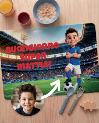 Tovaglietta Personalizzata Calciatore con Foto Cartone Animato 3D del Tuo Bambino – Idea Regalo Scuola Compleanno Bambino