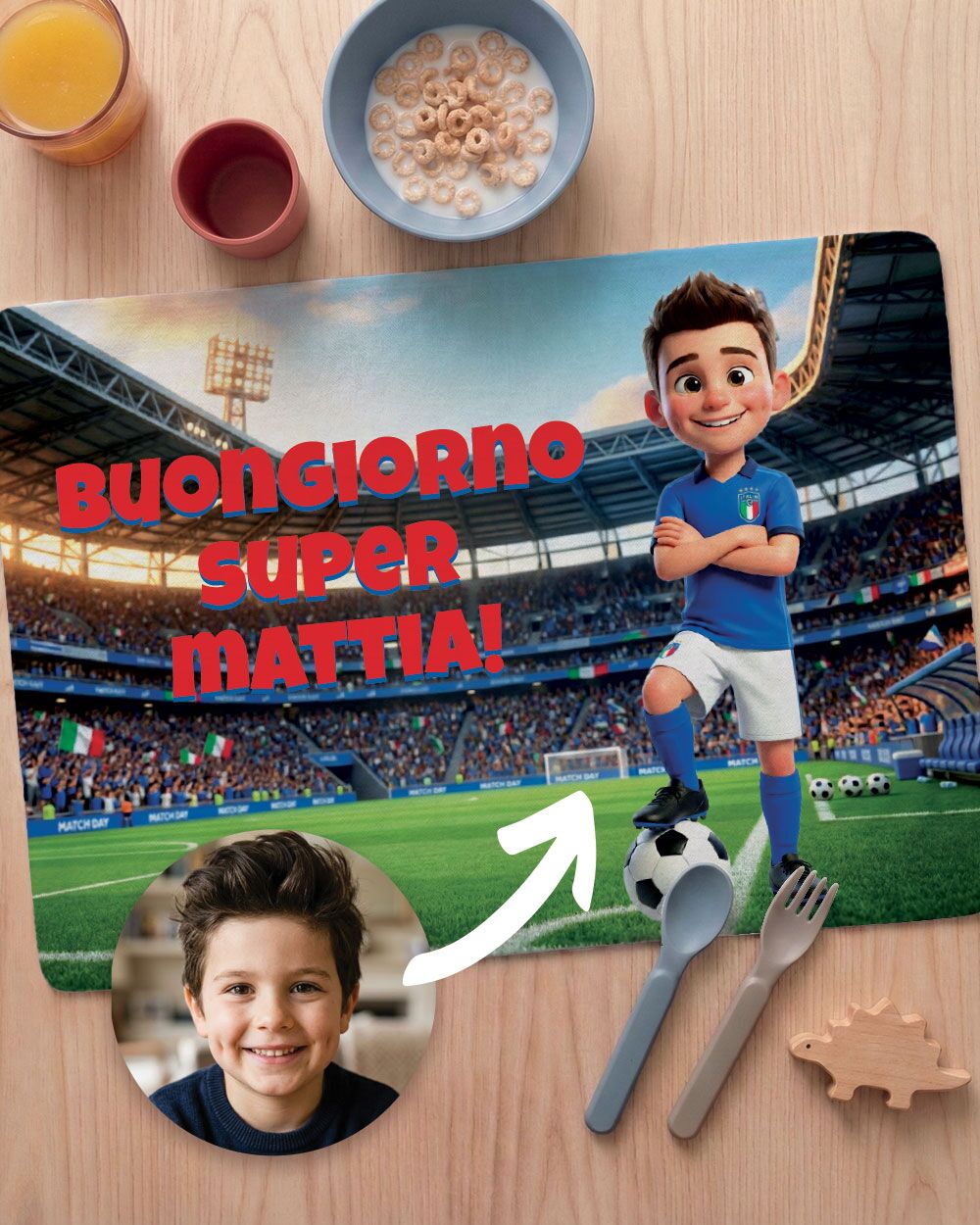 Tovaglietta Personalizzata Calciatore con Foto Cartone Animato 3D del Tuo Bambino – Idea Regalo Scuola Compleanno Bambino