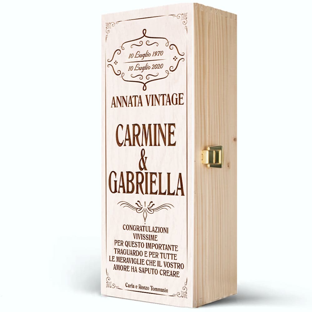 Cassettina Porta Vino in Legno Stile Vintage Personalizzata con Nomi, Data e Dedica - Idea Regalo Anniversario - immagine 3