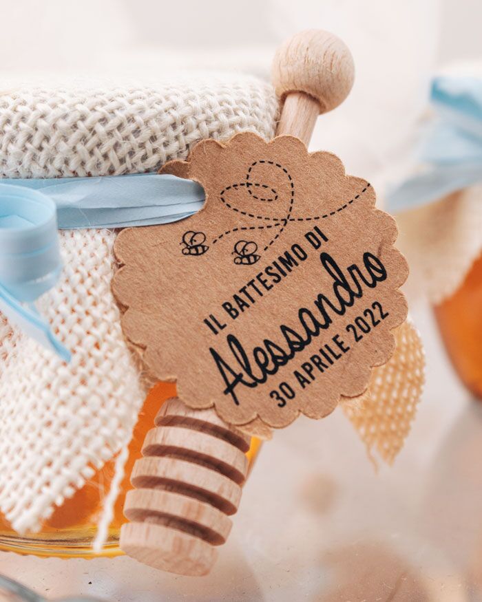 Vasetti di Miele 40 gr Coprivasetto in Juta Nastro Cotone e Etichetta Kraft Spargimiele - Idea Bomboniera per Battesimo - immagine 3