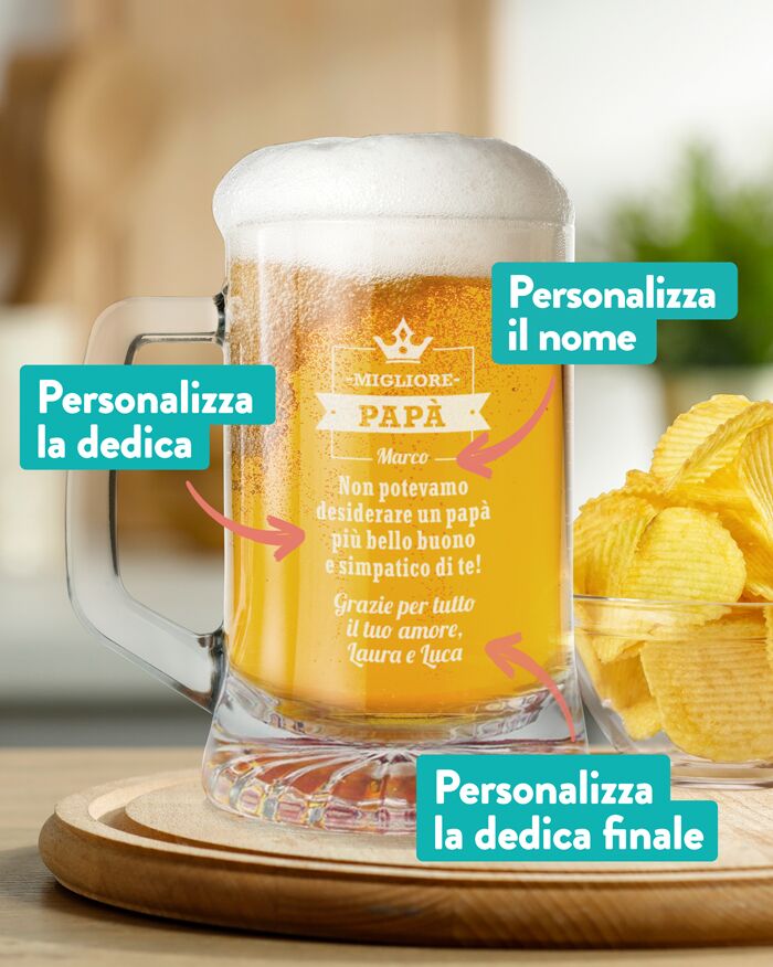 Boccale da Birra Personalizzato "Migliore Papà" con Dedica - Idea Regalo per Lui, Papà, Festa del Papà, Papà che Amano La Birra - immagine 3