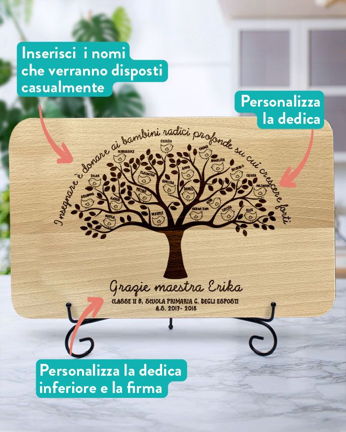 Tagliere in Legno Personalizzato con Albero, Uccellini e Nomi Alunni - Idea Regalo Maestre Fine Anno Scolastico - immagine 2