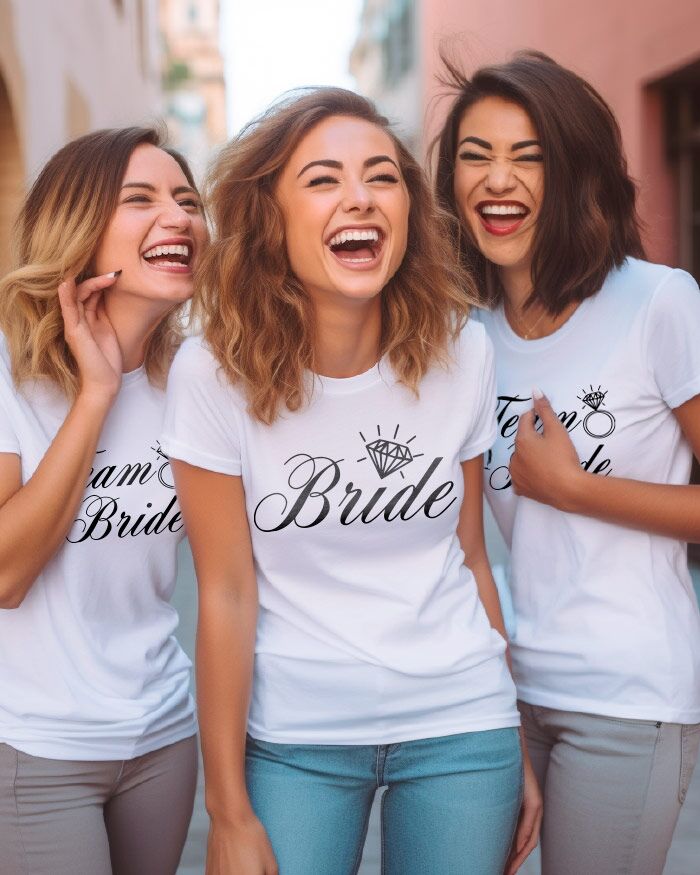 Set di 5 Magliette T-shirt Coordinate “Bride” e "Team Bride" con Diamante – Idea Regalo Addio al Nubilato, Sposa e Amiche della Sposa - immagine 3
