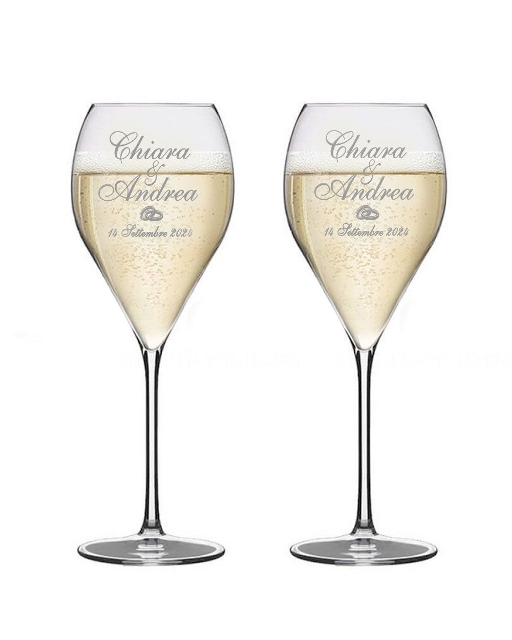 Coppia di Bicchieri Flute Franciacorta da Spumante Personalizzati con Nomi, Data del Matrimonio e Decorazione Anelli - immagine 7