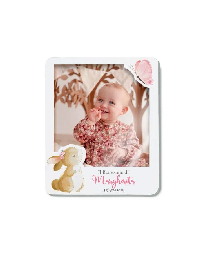 Calamita Personalizzata con Foto e Testo, Decorata con Coniglietto e Farfalla - Idea Bomboniera per Battesimo, Nascita Bambina - immagine 9