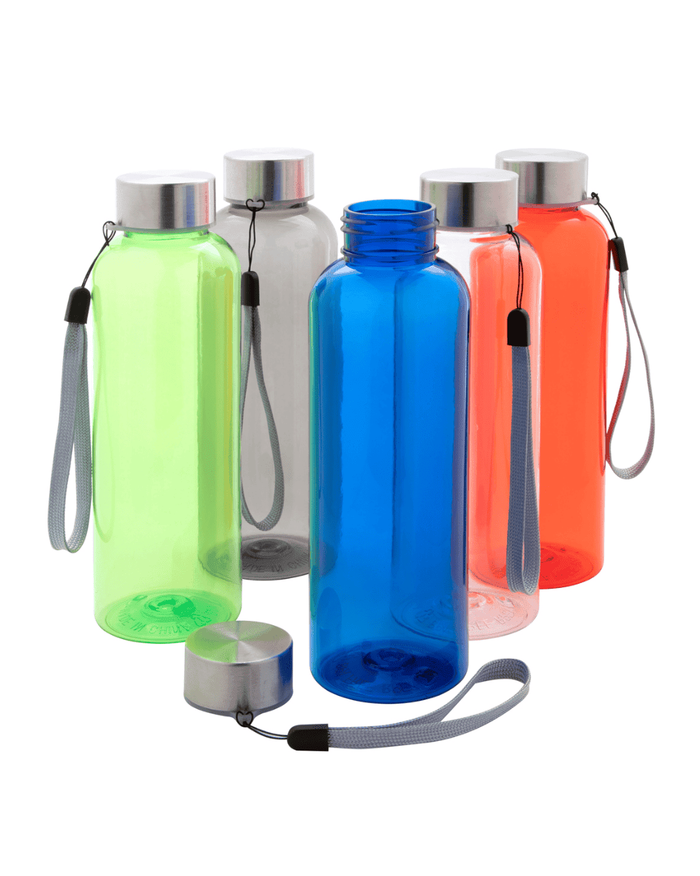 Borraccia in Plastica RPET Colore Assortito con Tappo in Acciaio e Tracolla