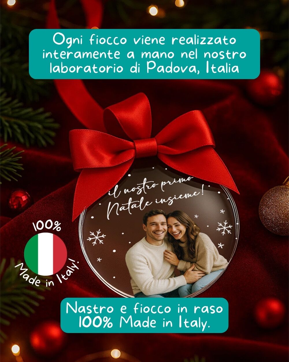 Pallina di Natale in Plexiglass, Decorazione Natalizia Personalizzata con Foto e Fiocchi di Neve "Buon Natale" - Idea Addobbo per l'Albero, Regalo Natale Famiglia, Coppia - immagine 3