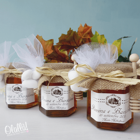Vasetti di Miele Shabby da 250 gr con Etichetta Vintage Personalizzata Coprivasetto in Juta e Rafia Naturale - Idea Bomboniera Matrimonio - immagine 4