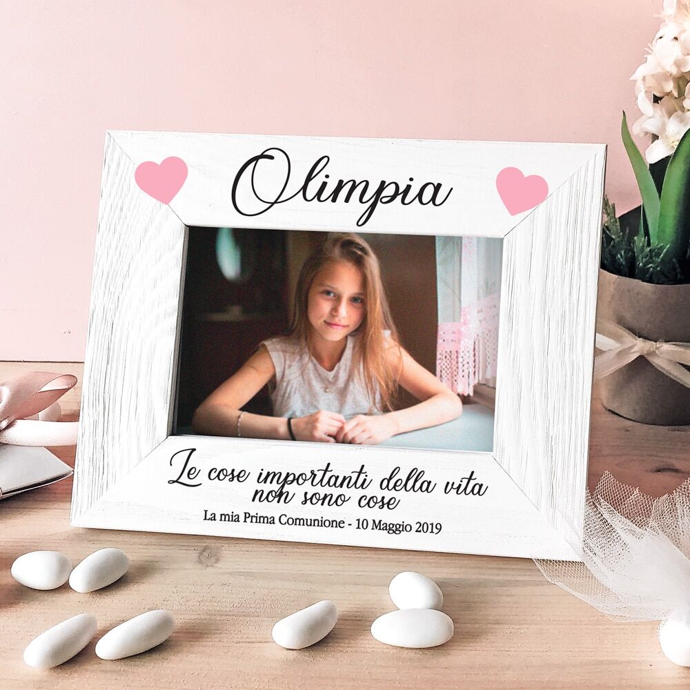 Set 5 Cornici Personalizzate Con Nome Cuoricini e Frase Idea Bomboniera Comunione o Battesimo
