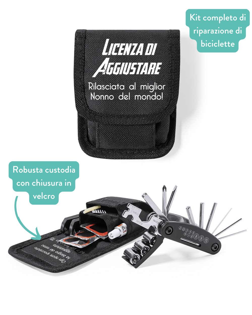 Kit Attrezzi da Bicicletta “Licenza di Aggiustare” Set 14 Pezzi Personalizzato con Dedica – Idea Regalo per il Nonno, Festa dei Nonni - immagine 3