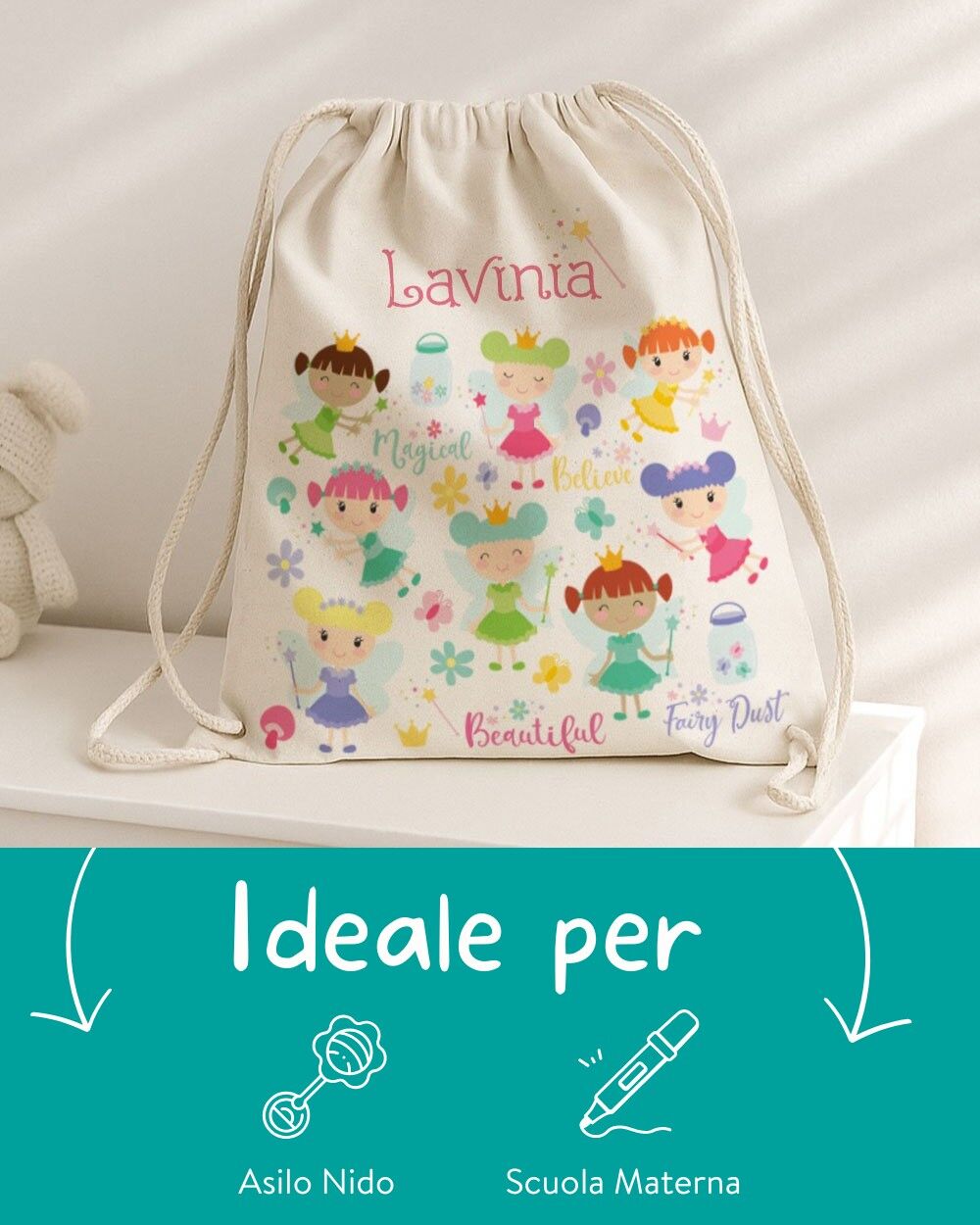Sacca Asilo con Lacci Personalizzata con Nome e Fatine del Bosco – Idea Regalo per Bambini, Ritorno a Scuola e Asilo, Back to School - immagine 4