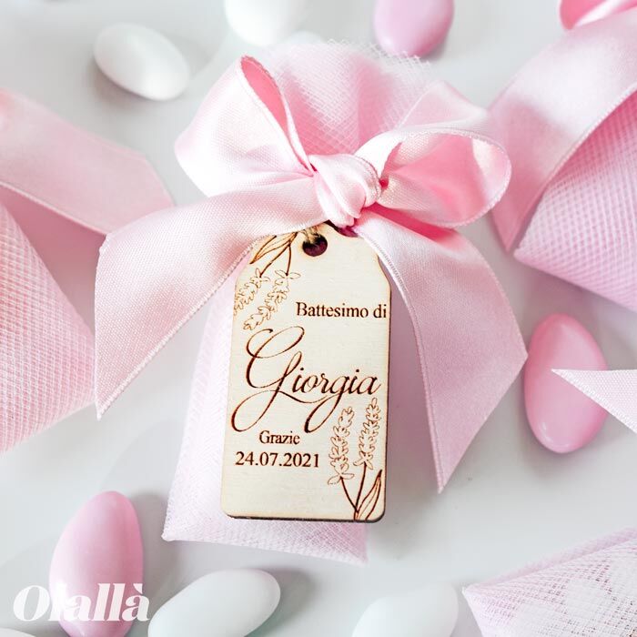 Sacchettino Portaconfetti in Tulle con Tag in Legno Personalizzata Tema Fiorellini