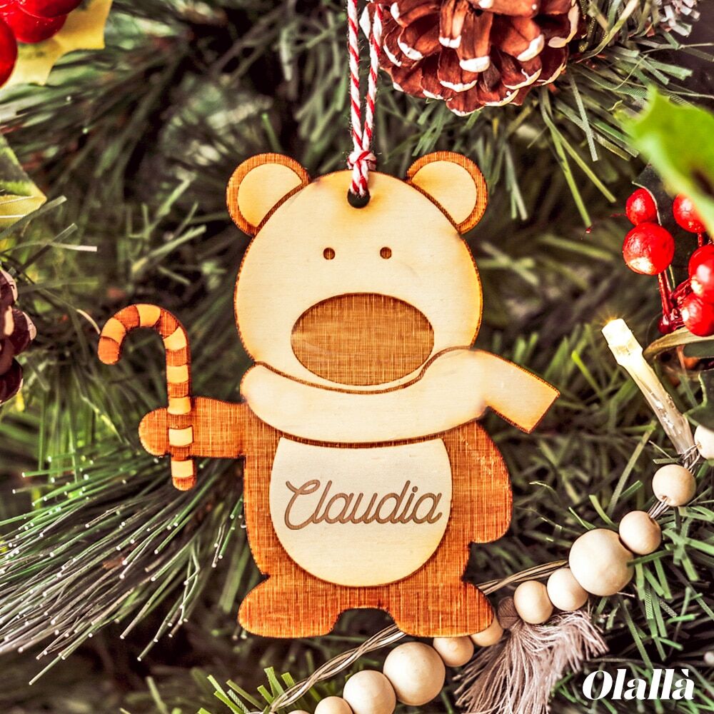 Decorazione di Legno da Appendere all'Albero di Natale Personalizzata - Orsetto