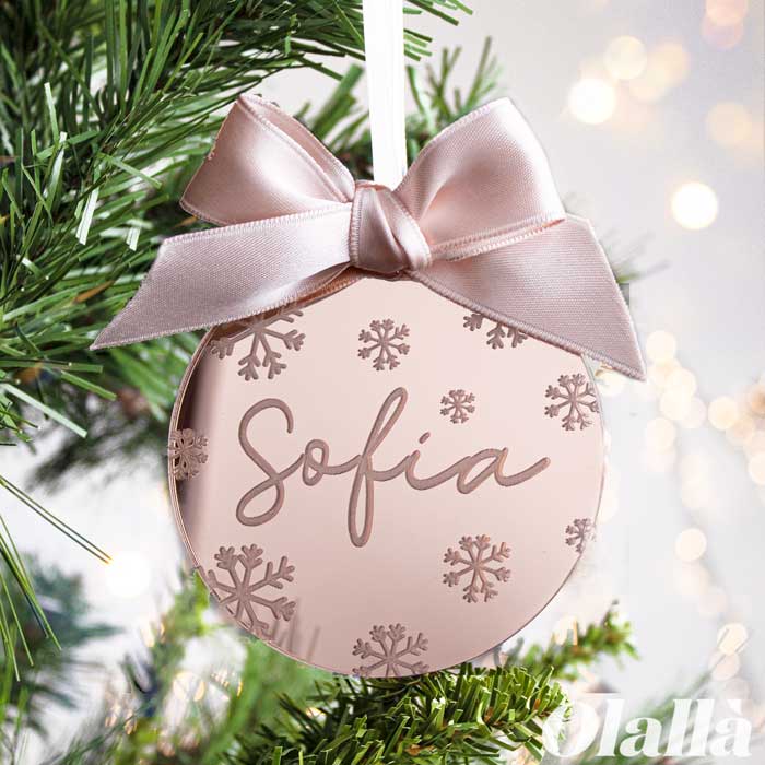 Pallina di Natale in Plexiglass a Specchio, Personalizzata con Nome e Fiocchi di Neve - Idea Regalo, Decorazione Natale