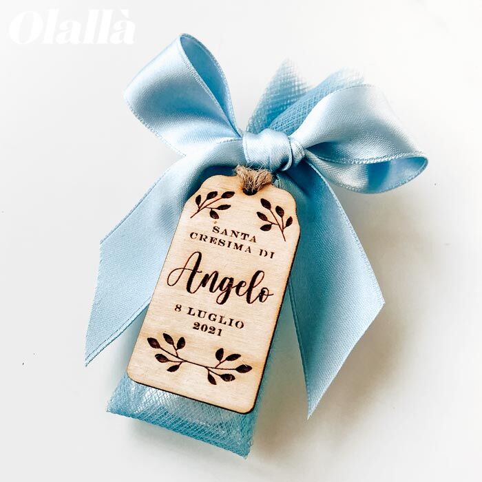 Sacchettino Portaconfetti in Tulle con Tag in Legno Personalizzata Tema Foglioline