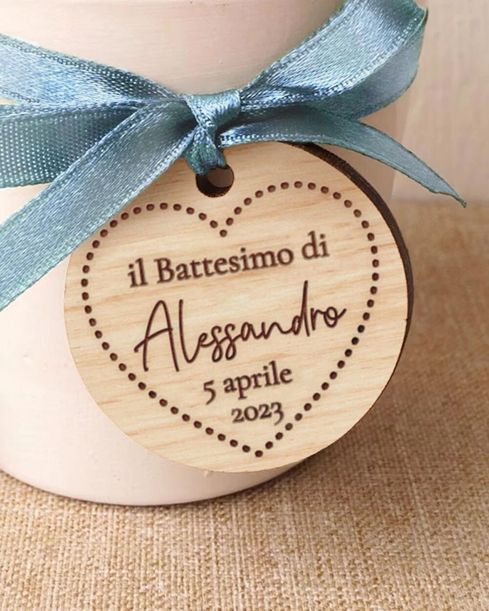 Tag in Legno Personalizzati con Nome, Data e Cuoricino - Idea Decorazione Bomboniere per Battesimo