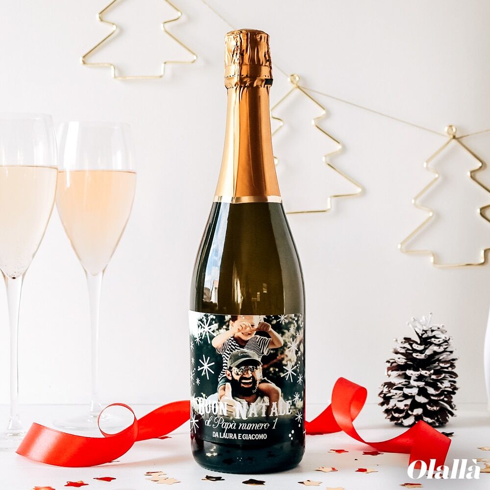 Bottiglia Vino Natale Personalizzata Foto Fiocchi Neve