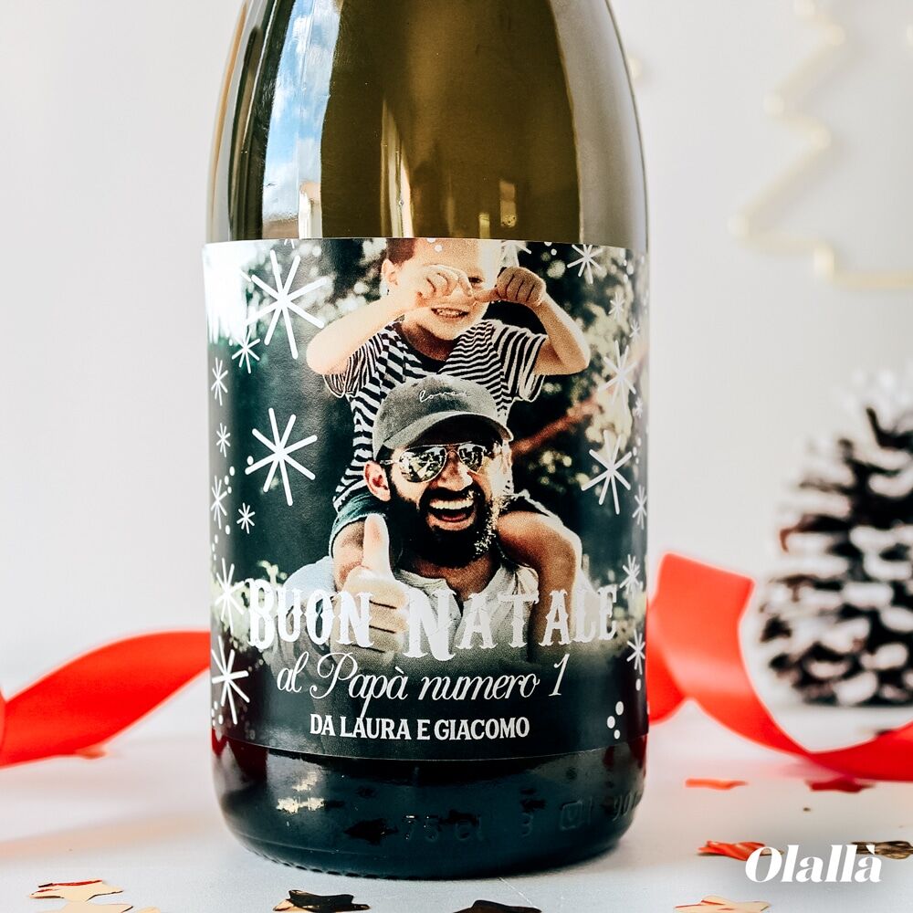 Bottiglia Vino Natale Personalizzata Foto Fiocchi Neve1