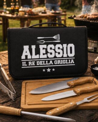Set Barbecue Personalizzato "Il Re della Griglia" con Utensili per BBQ - Idea Regalo Papà, Amanti Cucina e BBQ