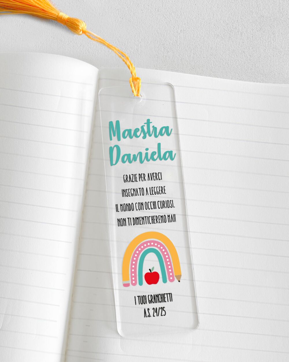 Segnalibro Personalizzato Maestra Con Arcobaleno Mela Trasparente Plexiglas