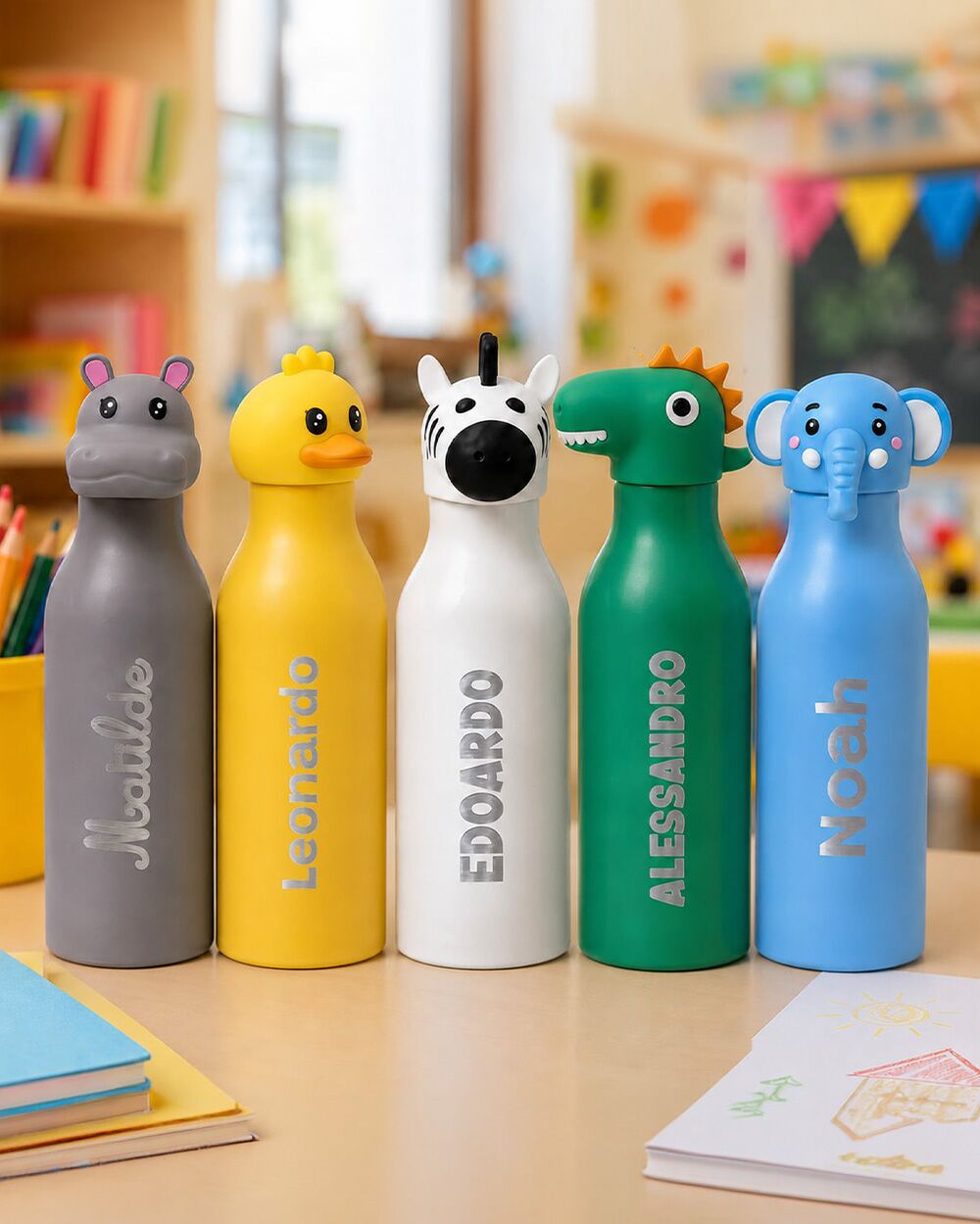 Borraccia Termica Bambini Personalizzata con Nome e Tappo Animaletto – Idea Regalo Asilo e Scuola