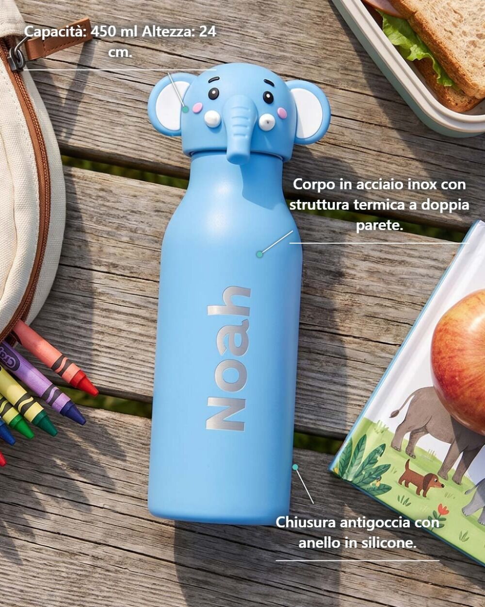 Borraccia Termica Bambini Personalizzata con Nome e Tappo Animaletto – Idea Regalo Asilo e Scuola - immagine 3
