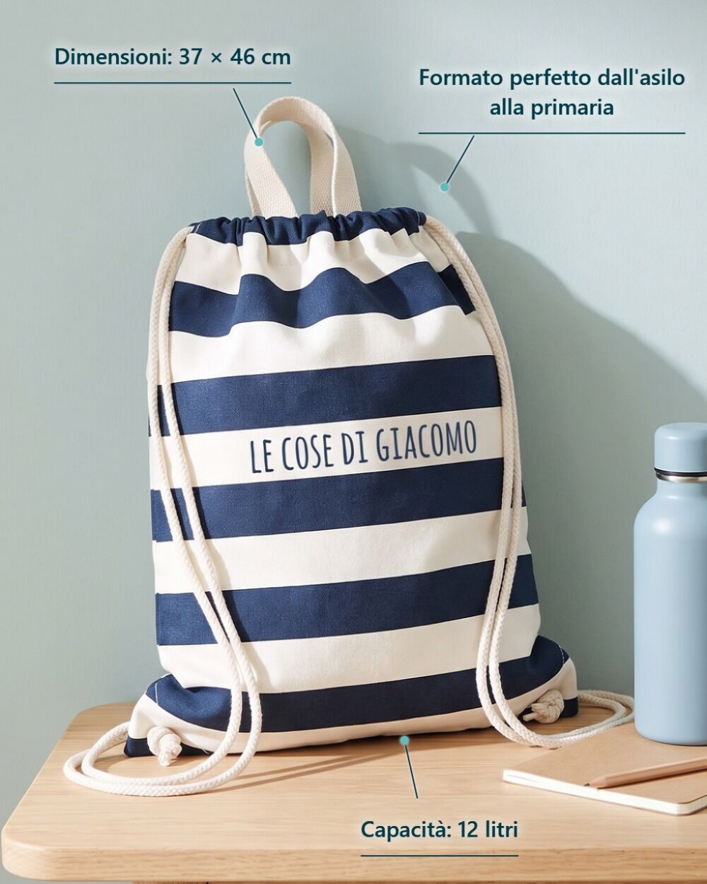 Sacca Zainetto da Ginnastica A Righe Blu, Personalizzabile con Frase - Idea Regalo Bambini, Back to School - immagine 6