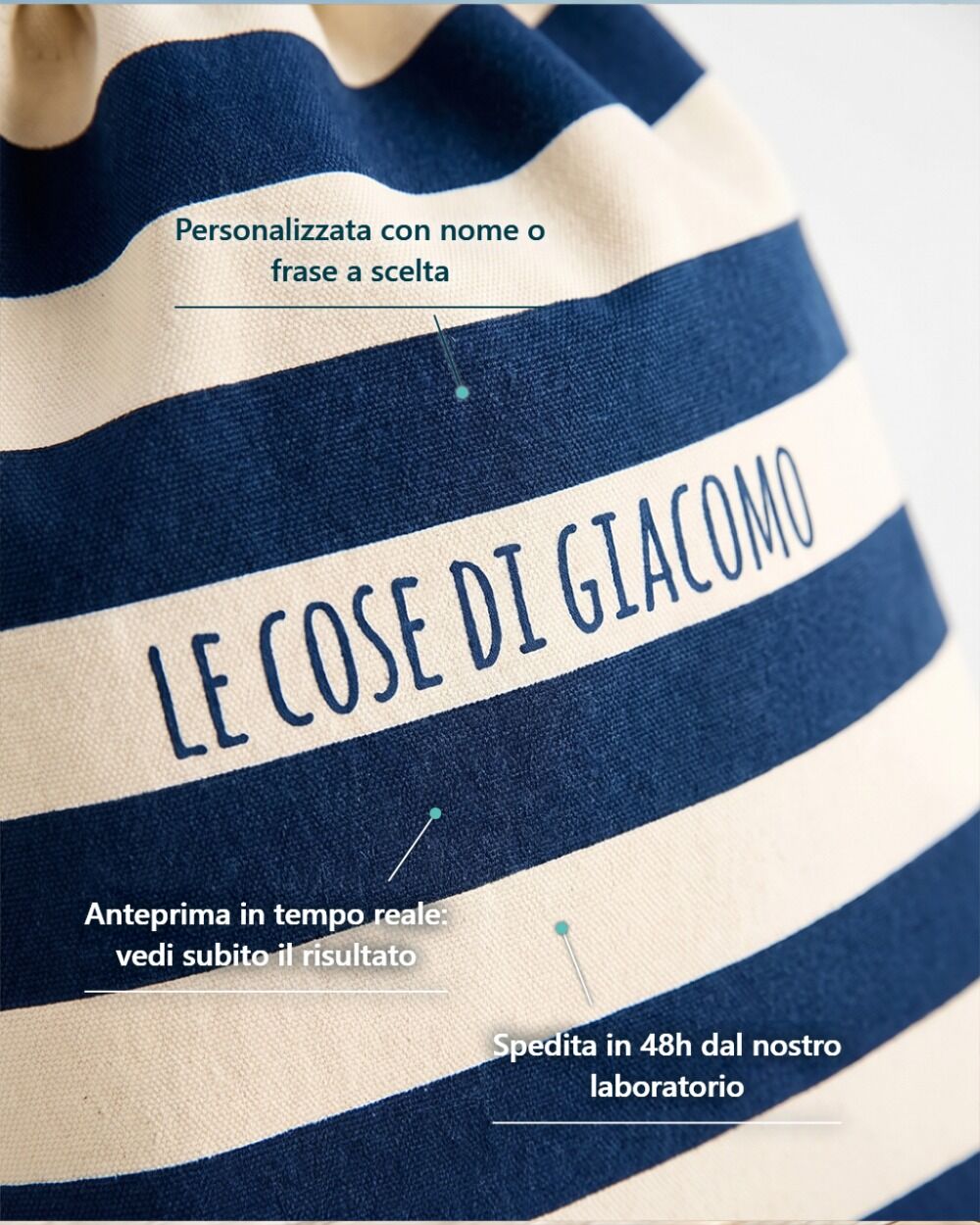 Sacca Zainetto da Ginnastica A Righe Blu, Personalizzabile con Frase - Idea Regalo Bambini, Back to School - immagine 10