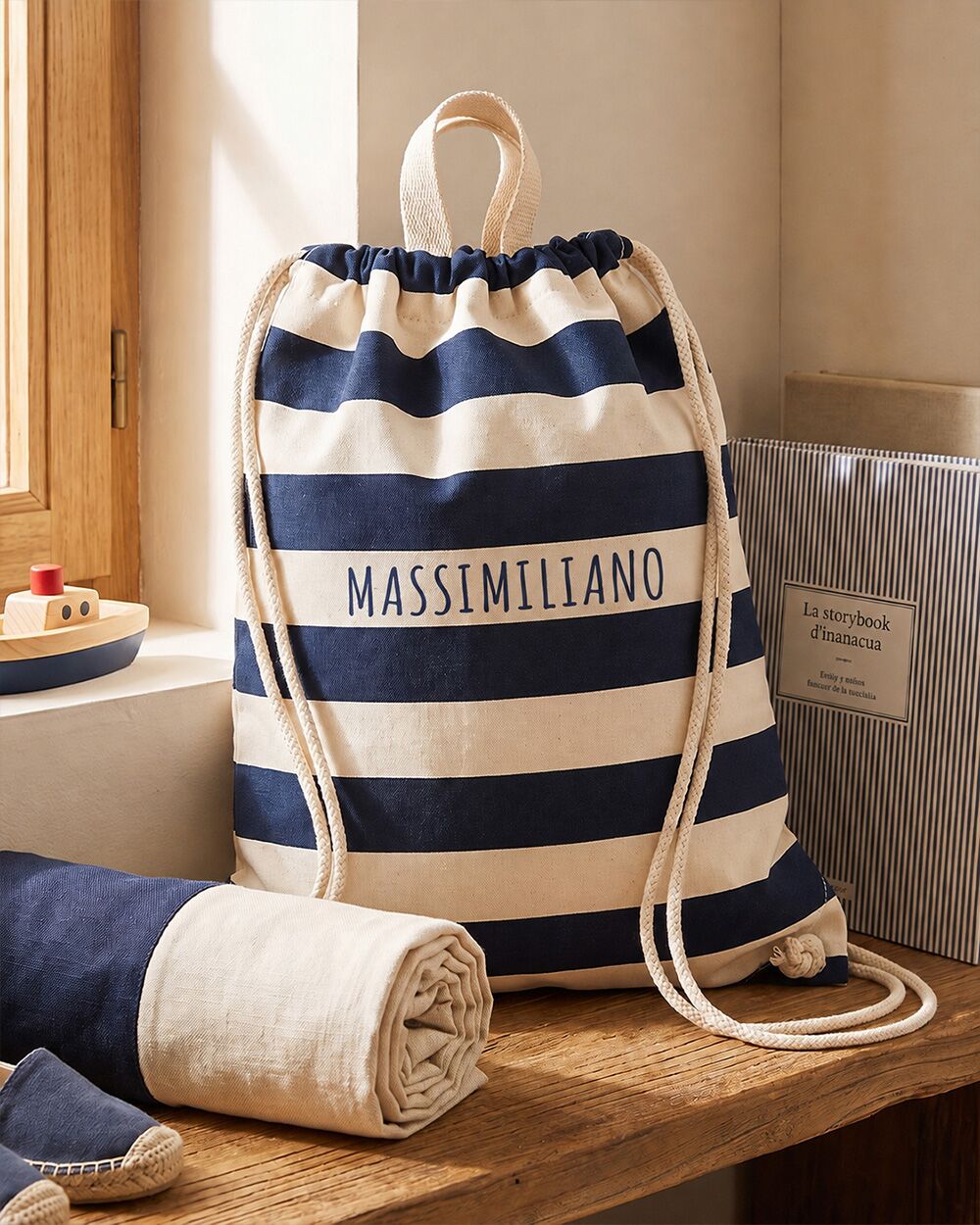 Sacca Zainetto da Ginnastica A Righe Blu, Personalizzabile con Frase - Idea Regalo Bambini, Back to School