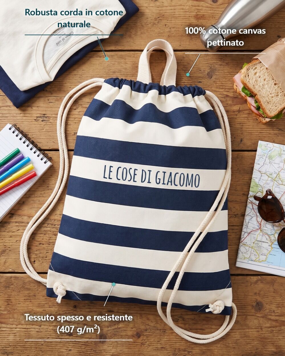 Sacca Zainetto da Ginnastica A Righe Blu, Personalizzabile con Frase - Idea Regalo Bambini, Back to School - immagine 2