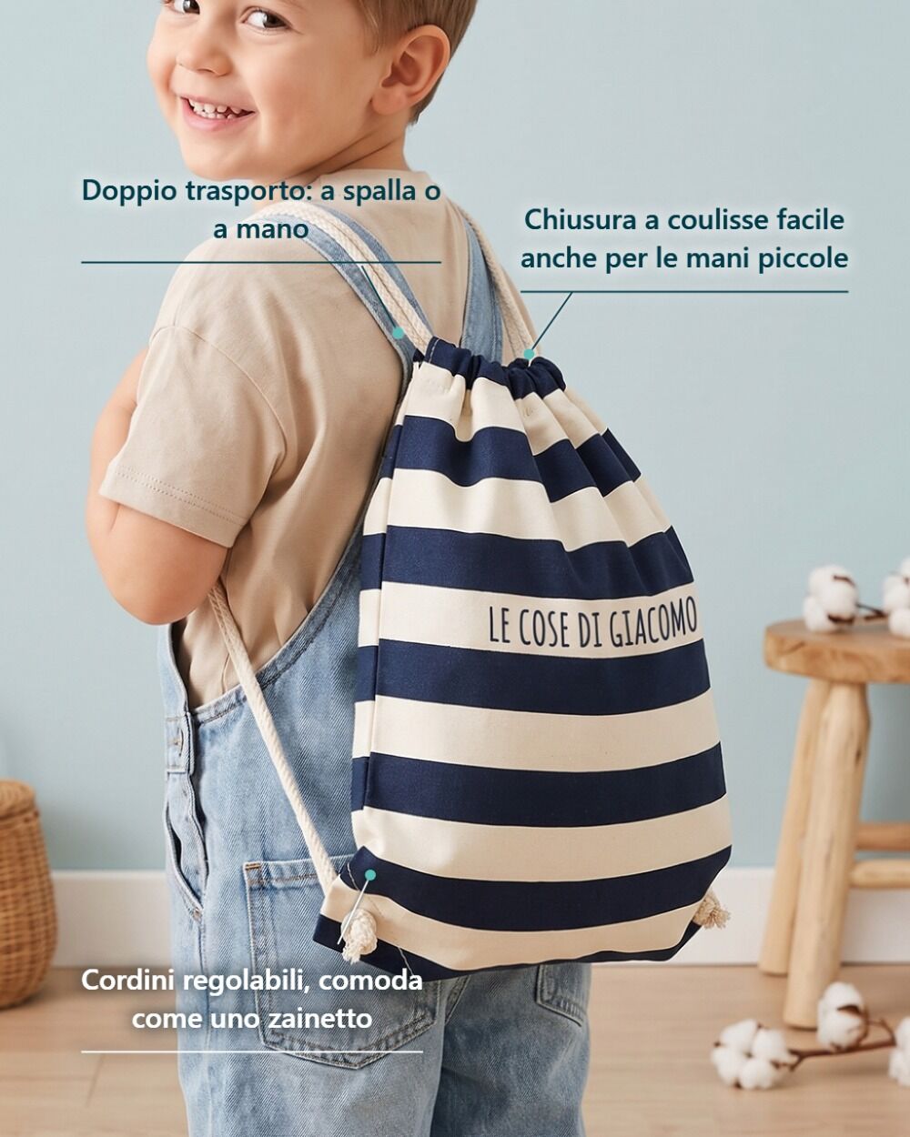Sacca Zainetto da Ginnastica A Righe Blu, Personalizzabile con Frase - Idea Regalo Bambini, Back to School - immagine 4