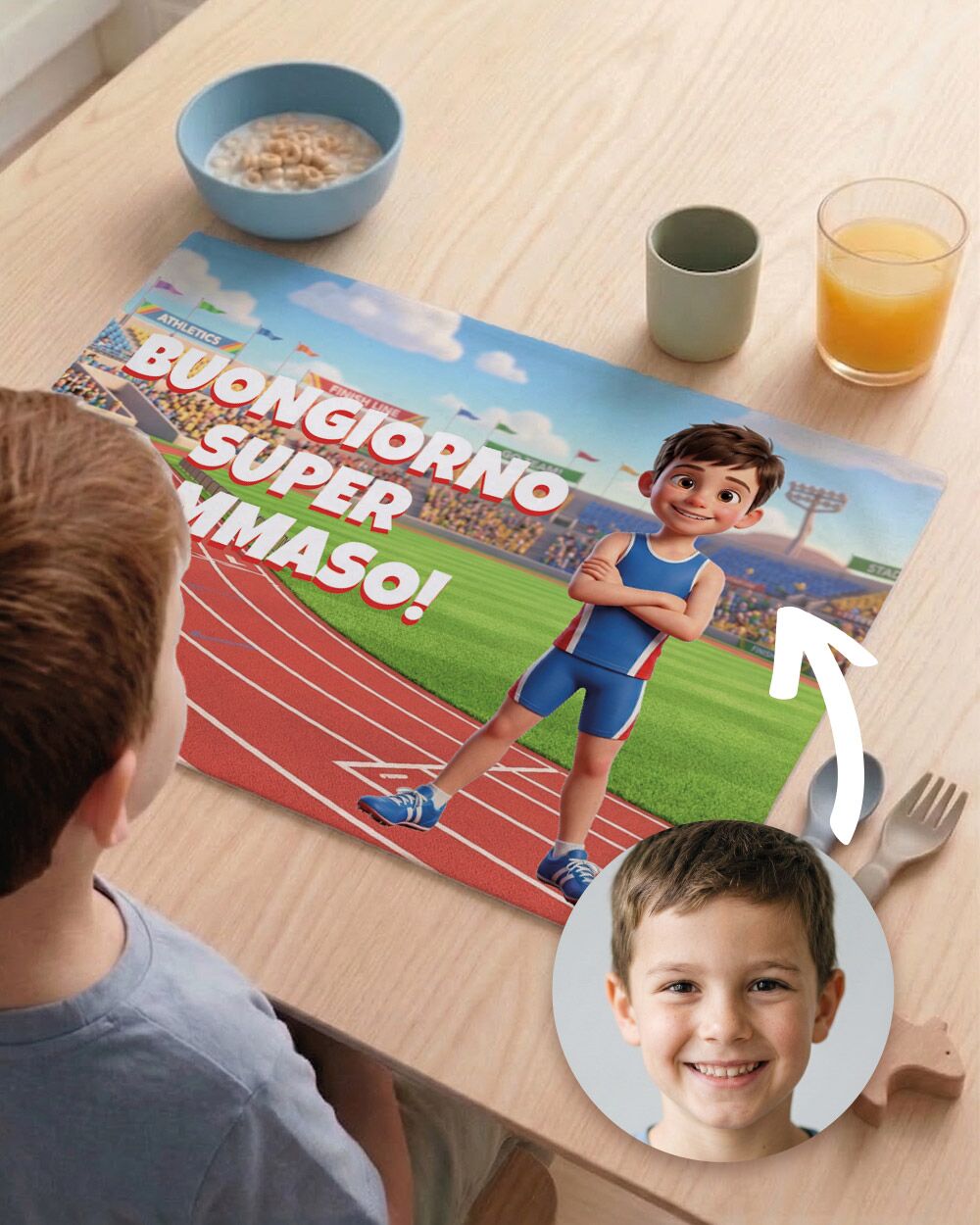 Tovaglietta Personalizzata Atleta con Foto Cartone Animato 3D del Tuo Bambino – Idea Regalo Scuola Compleanno Bambino - immagine 2