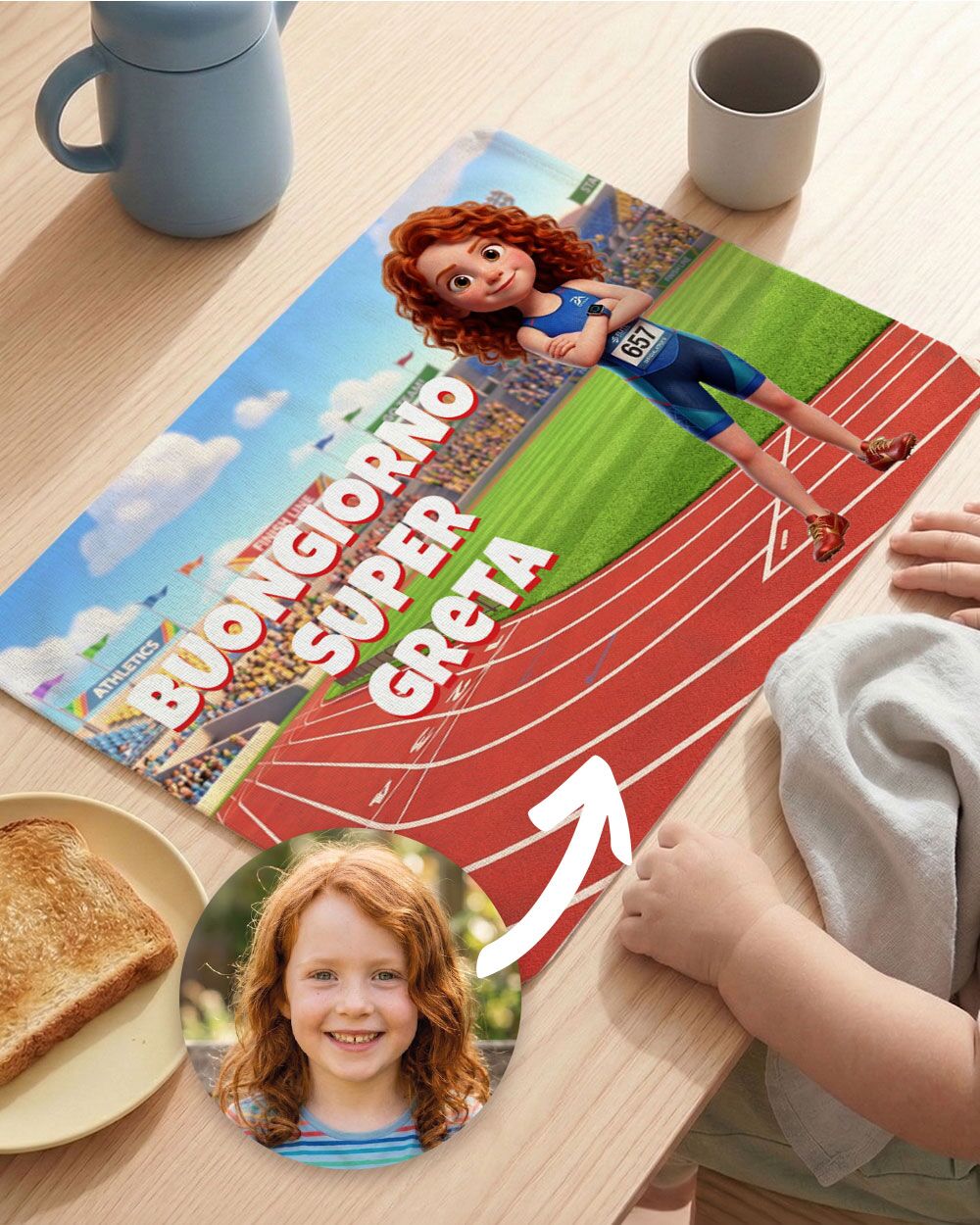 Tovaglietta Personalizzata Atleta con Foto Cartone Animato 3D del Tuo Bambino – Idea Regalo Scuola Compleanno Bambino - immagine 3