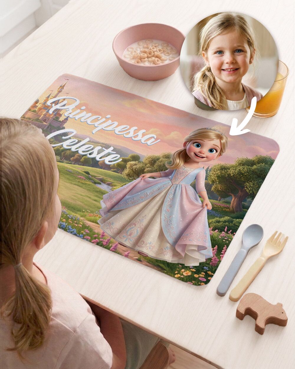 Tovaglietta Personalizzata Principessa con Foto Cartone Animato 3D del Tuo Bambino – Idea Regalo Scuola Compleanno Bambina - immagine 2