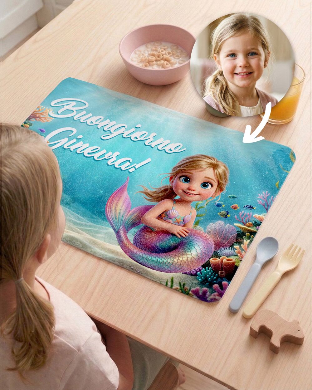 Tovaglietta Personalizzata Sirenetta con la Foto Cartone Animato 3D del Tuo Bambino – Idea Regalo Scuola Compleanno Bambina - immagine 2