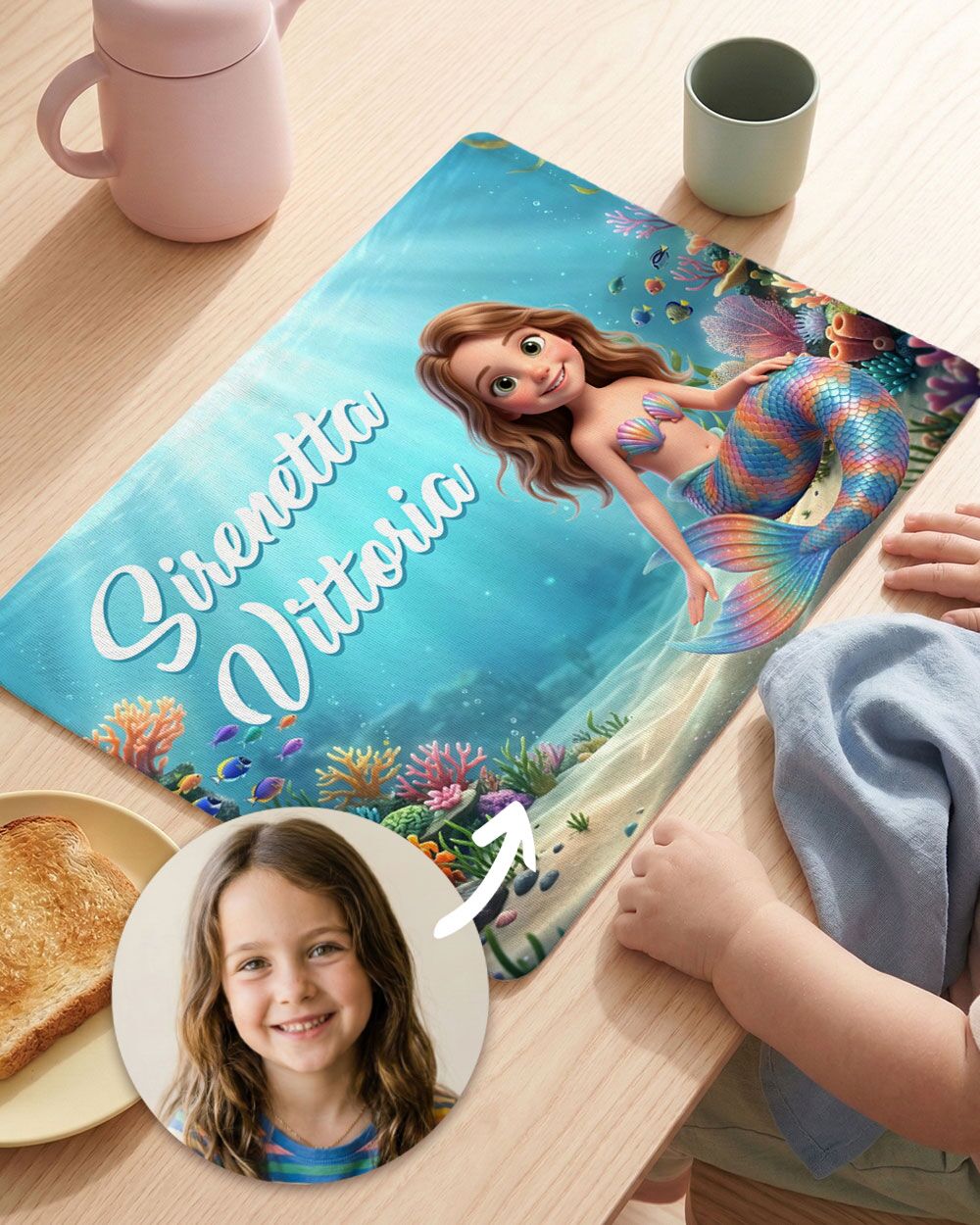 Tovaglietta Personalizzata Sirenetta con la Foto Cartone Animato 3D del Tuo Bambino – Idea Regalo Scuola Compleanno Bambina - immagine 3