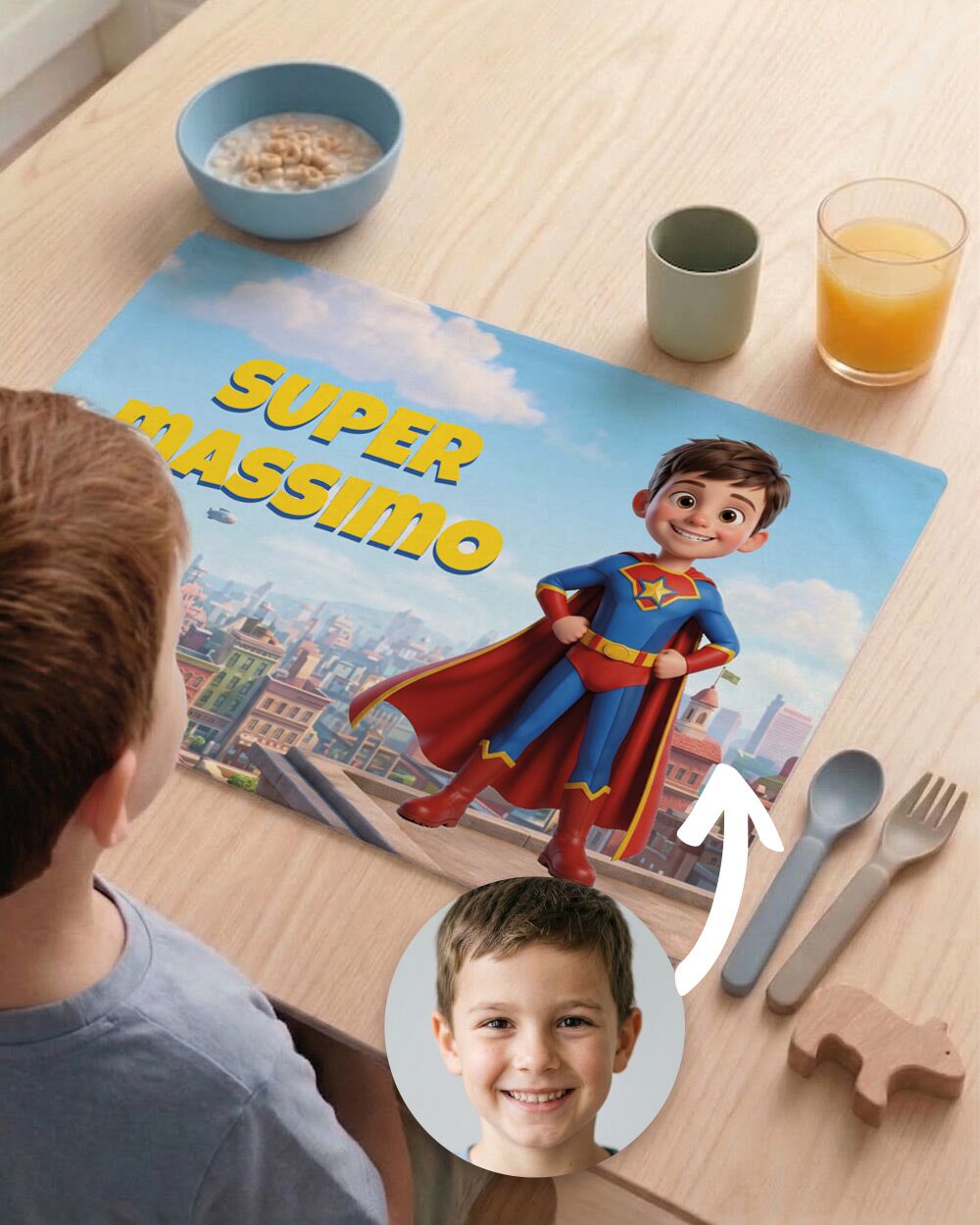 Tovaglietta Personalizzata Supereroe con Foto Cartone Animato 3D del Tuo Bambino – Idea Regalo Scuola Compleanno Bambino - immagine 2