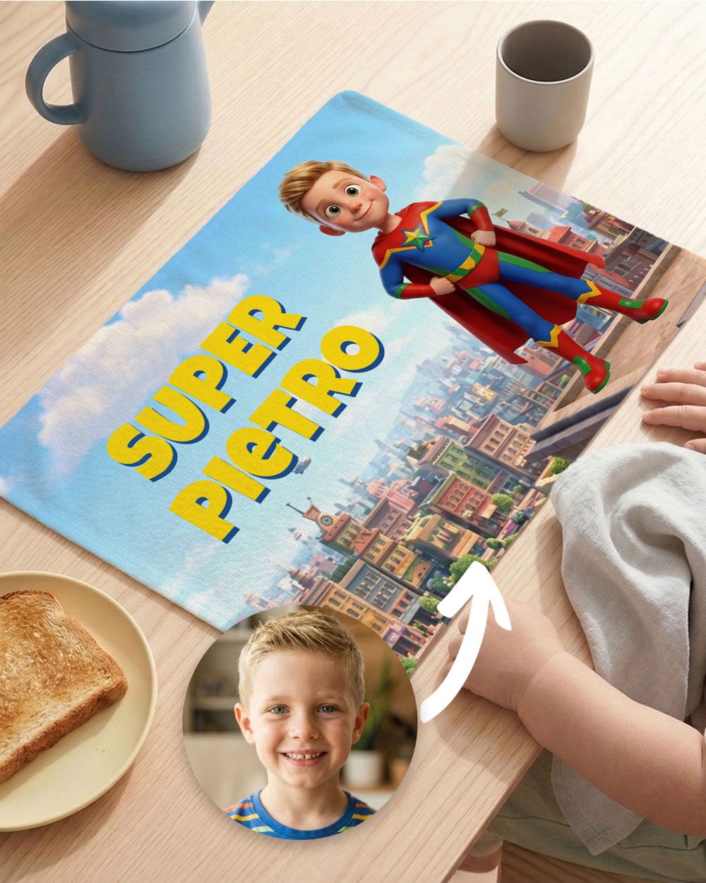 Tovaglietta Personalizzata Supereroe con Foto Cartone Animato 3D del Tuo Bambino – Idea Regalo Scuola Compleanno Bambino - immagine 3