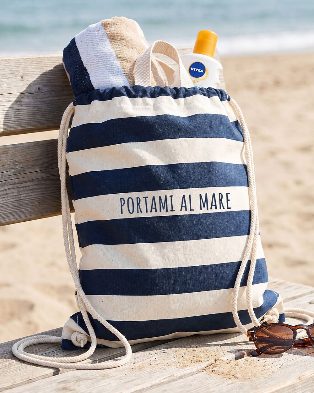 Sacca Zainetto da Ginnastica A Righe Blu, Personalizzabile con Frase - Idea Regalo Bambini, Back to School - immagine 3
