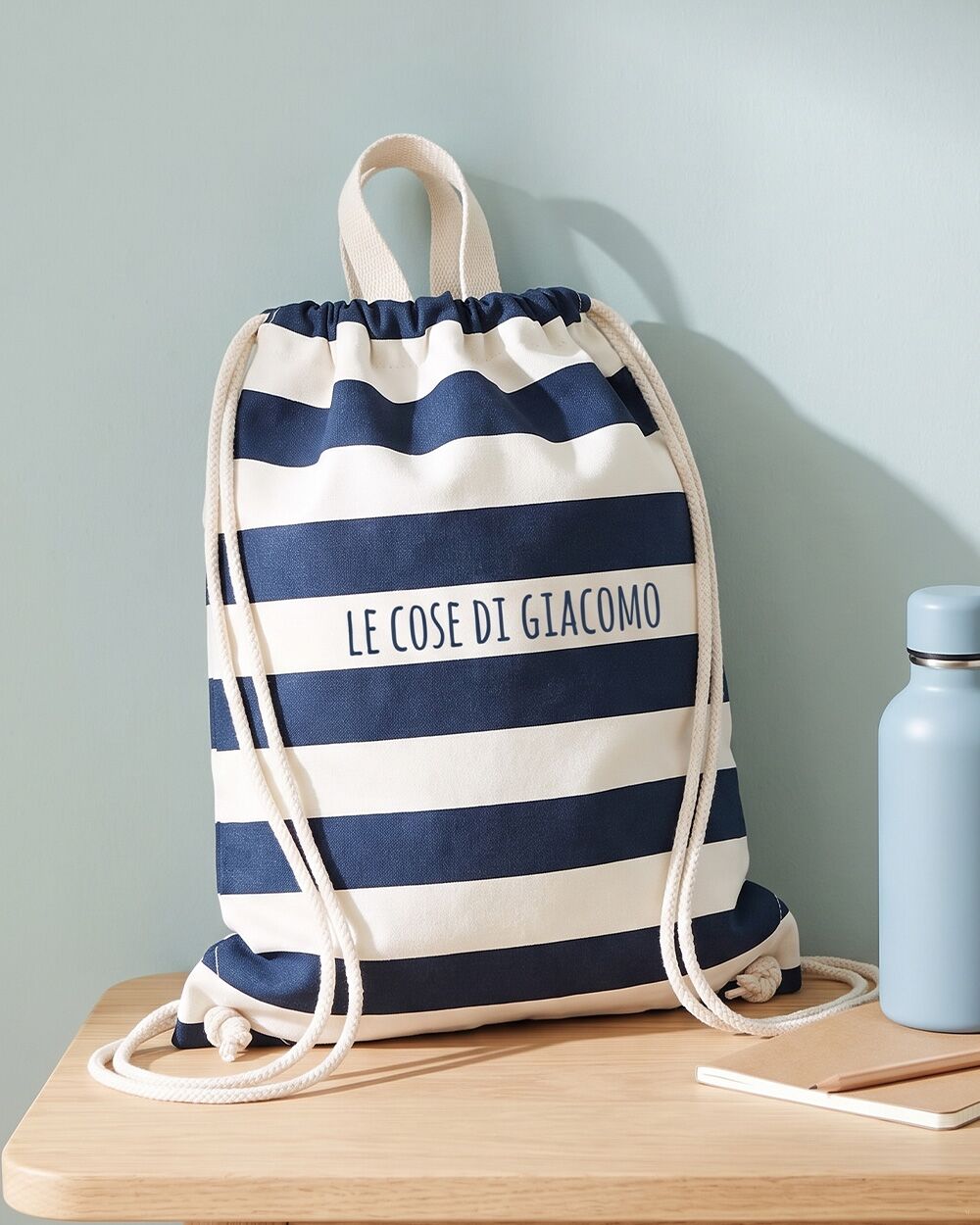 Sacca Zainetto da Ginnastica A Righe Blu, Personalizzabile con Frase - Idea Regalo Bambini, Back to School - immagine 12