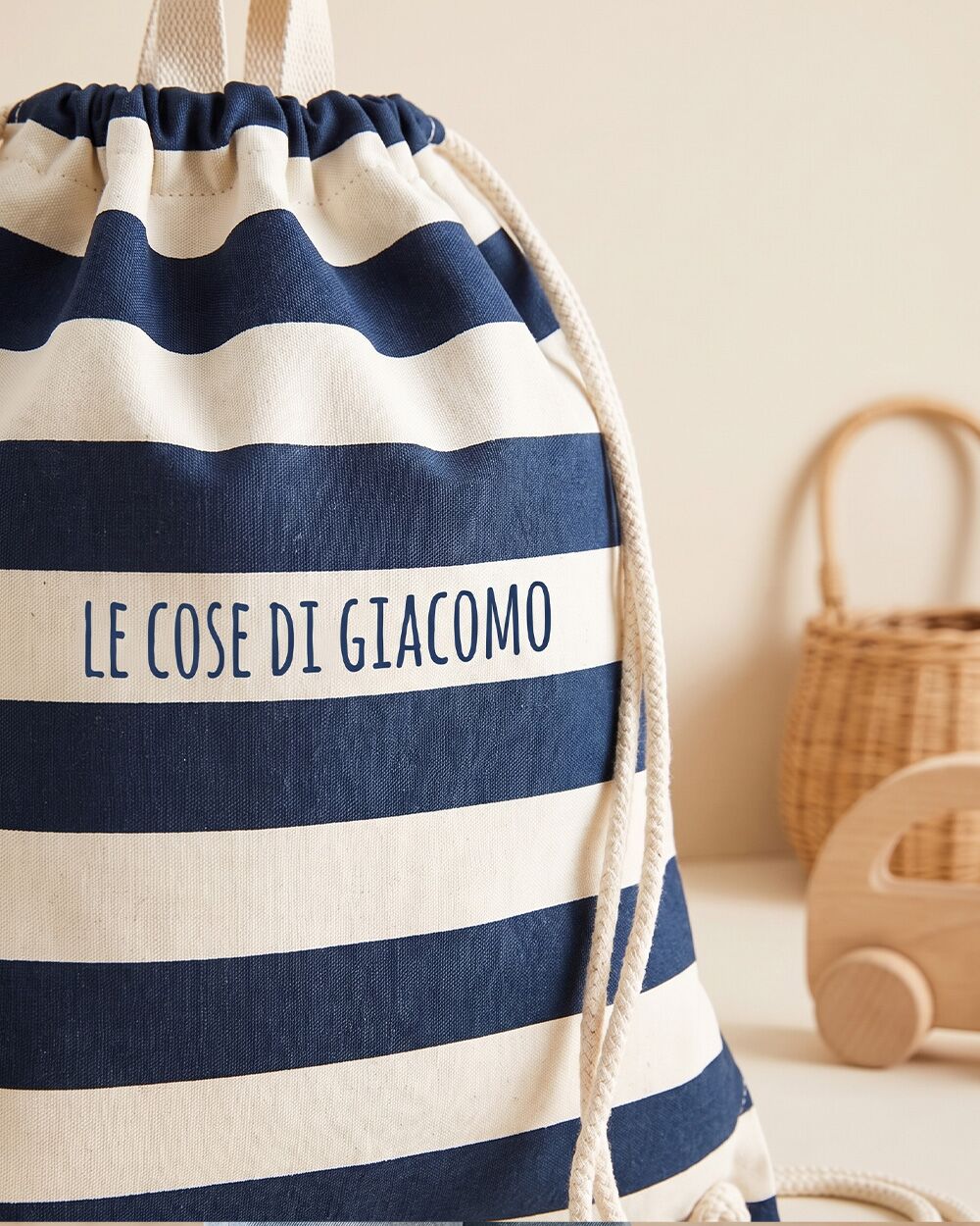 Sacca Zainetto da Ginnastica A Righe Blu, Personalizzabile con Frase - Idea Regalo Bambini, Back to School - immagine 7
