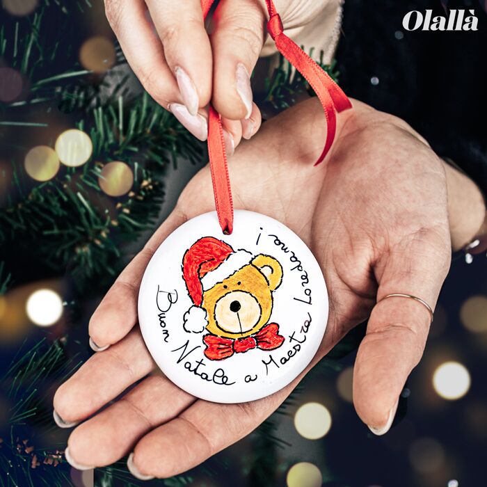 Pallina Albero Ceramica Dipinta Mano Maestra Orsacchiotto