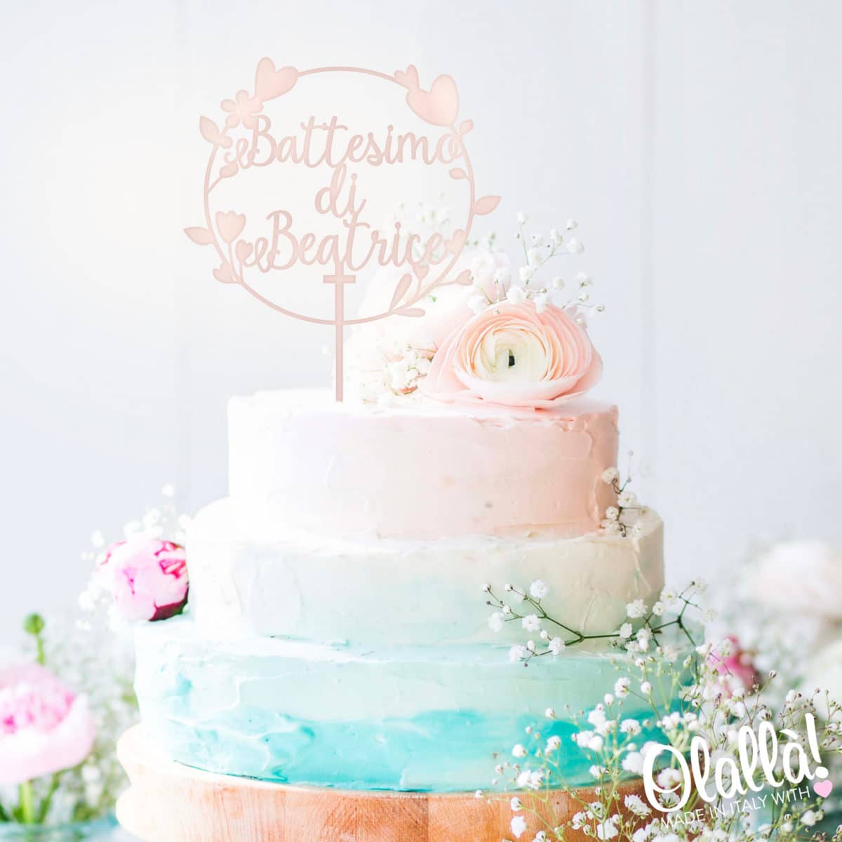 Cake Topper Battesimo Nome Corona Cuori Rosa