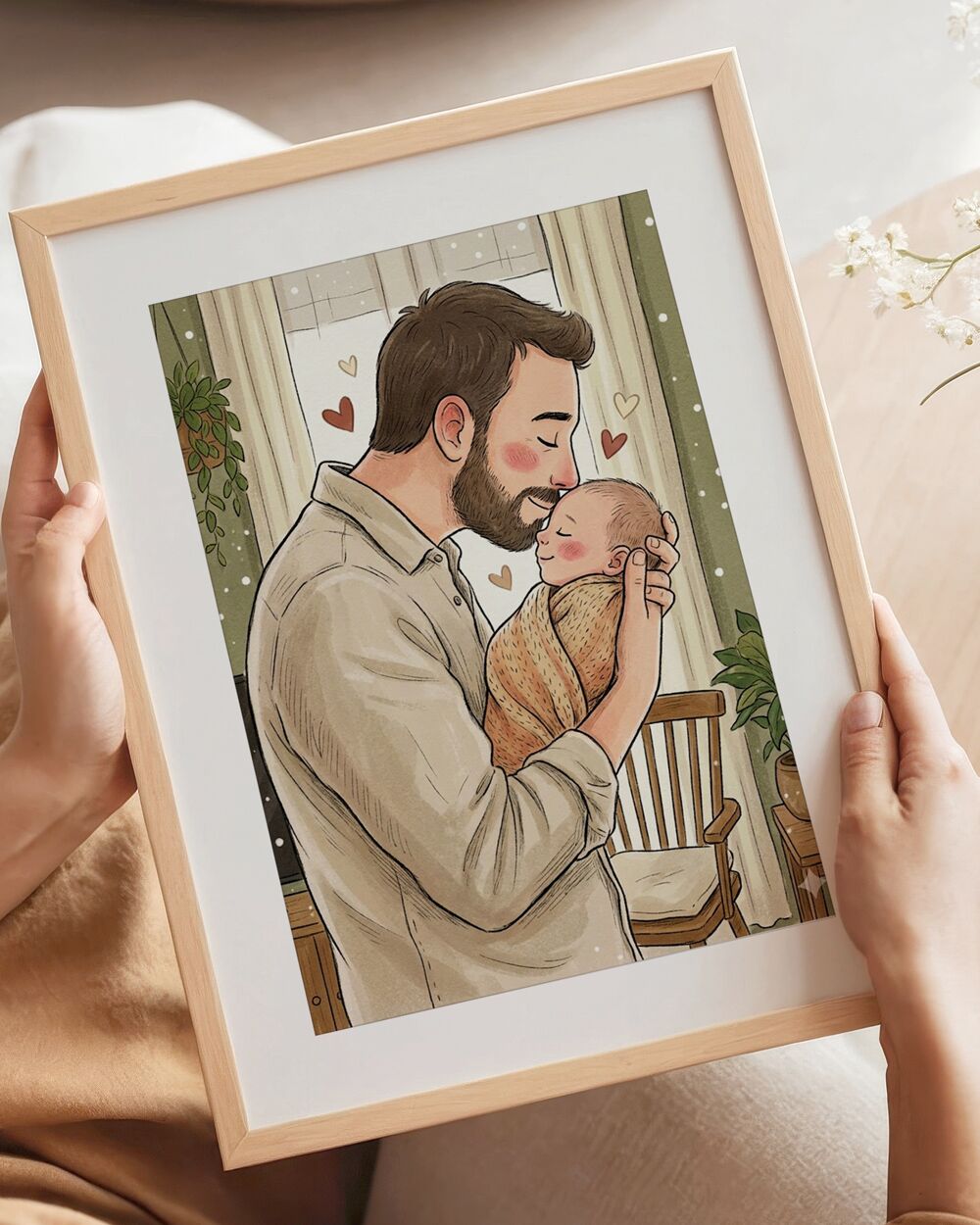 RITRATTO Illustrazione Papa Figlio Neonato Romantica3