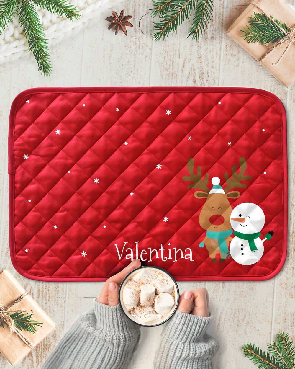 Tovaglietta da Colazione Natalizia Personalizzata per Bambini con Renna e Pupazzo di Neve
