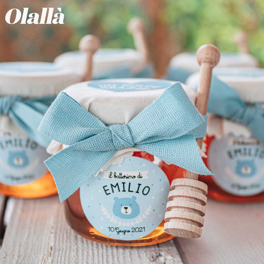 Vasetti di Miele 40 gr con Etichetta Azzurra Personalizzata con Simpatici Animali Idea Bomboniera Battesimo - immagine 2